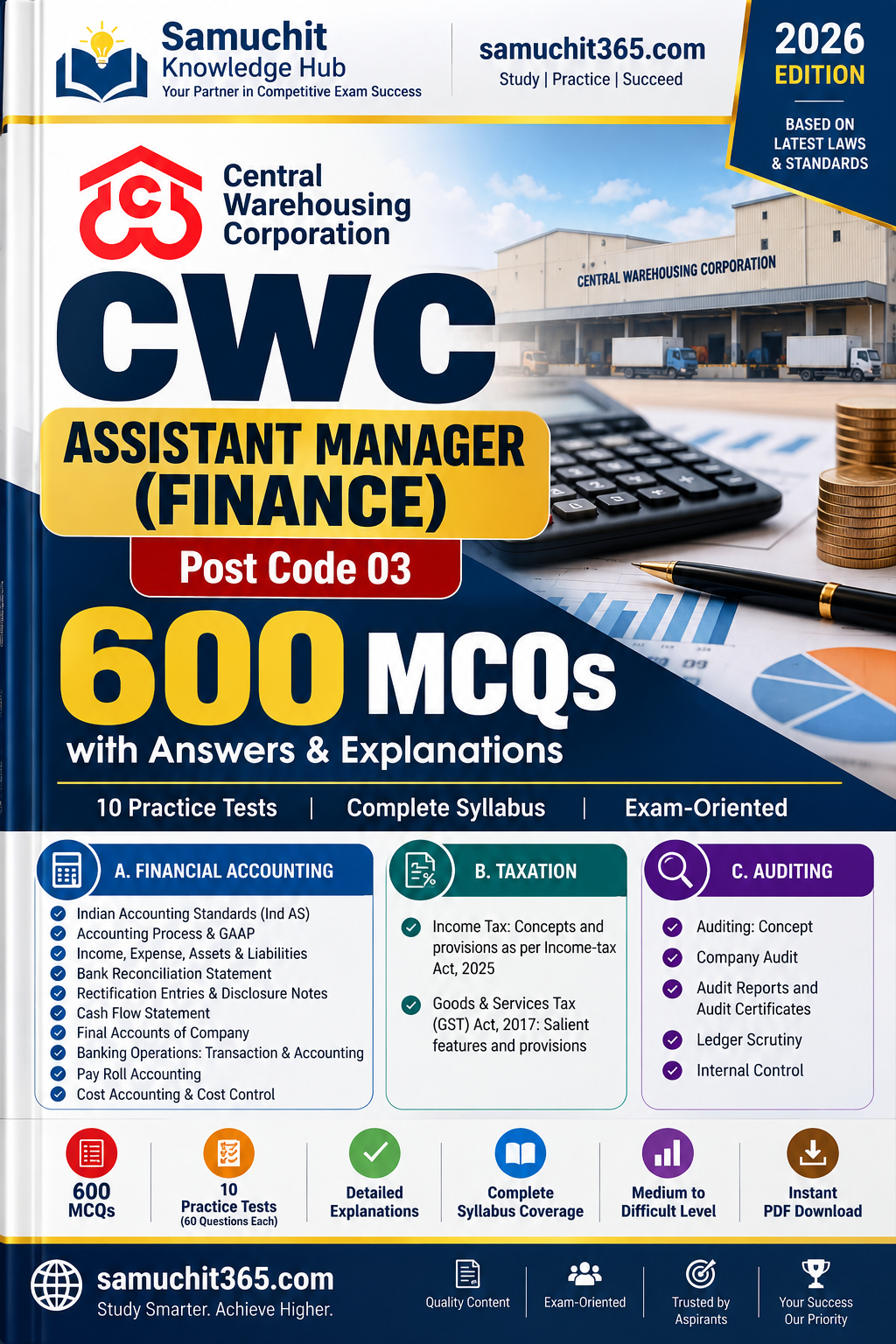 Cover of CWC Assistant Manager (Finance) 2026 – 600 MCQs with Answers & Explanations E-book PDF | 10 Mock Tests | Complete Syllabus | Post Code 03